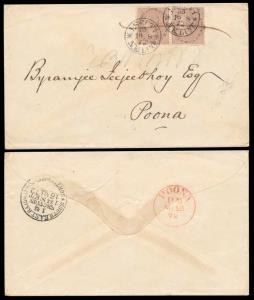 1872, Cover to Poona bearing pair of Queen Victoria 1a pale brown tied by Railway Cancella