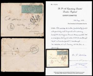 1885, Cover to London fraudulently franked with previously used 1881-82, 4a. green Revenue