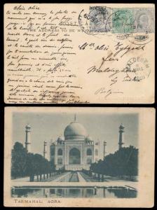 1907, PPC to Belgium depicting Taj Mahal, Agra; reverse bearing King Edward VII two 3P and