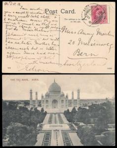 1908, PPC to Switzerland depicting Taj Mahal, Agra; reverse bearing King Edward VII 1a tie