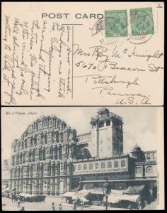 1914, PPC of the Wind Palace, Jaipur mailed to USA; reverse bearing King George V, two ½ a