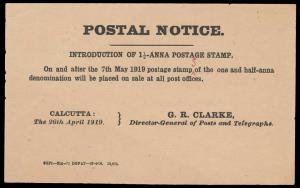 1919, Postal Notice introducing 1 1/2a. Postage Stamp. Fine.