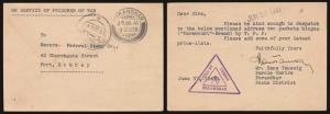 1941, “ON SERVICE OF PRISONERS OF WAR” PC to Bombay from Purrandhar, “PASSED BY/CENSOR/PUR