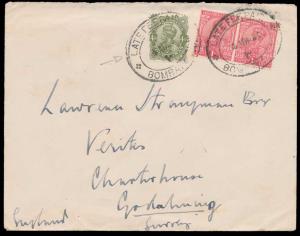Cover from Bombay to England bearing King George V, pair of 1a and one 4a tied by “LATE FE