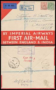 1929, Registered Air Mail cover by “Imperial Airways, First Air Mail, between England and 