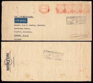 1933, FFC with Meter Franking, to England with multiple 4a. meter franking from Cawnpore G