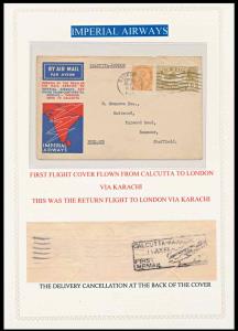 1933, Imperial Airways, First Flight Calcutta to London stamp on reverse shows Calcutta Ka