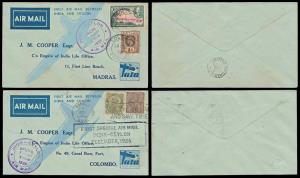 1936, set of two, First Air Mail between India and Ceylon, Special Flight X’Mas cover, Mad