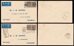 1937, set of two First Flight covers, Bhuj —Karachi, dated 16th April 1937 and Bhuj-Madras
