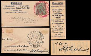 1931, Pigeonogram, Hazaribaug to Calcutta, carried by Swiftsure, dated 31st December, 1931