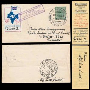 1933, Pigeonogram, Chandernagore to Calcutta, carried by Queen B, dated 19th January, 1933