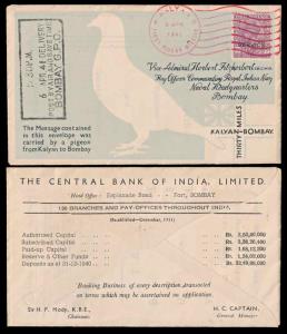 1941, Pigeonogram, Kalyan to Bombay, dated 6 April, 1941, 2000 flown, reverse shows advert