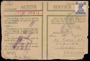 1942, Active Service Envelope franked 8as, sent from F.P.O. R-33 located in Iraq, to Engla