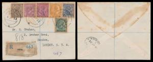 1932, India Used Aden, Registered cover to London franked by various King George V, adhesi