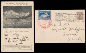 1924, Mount Everest Expedition card depicting Mt. Everest Base Camp with Mount Everest Lab