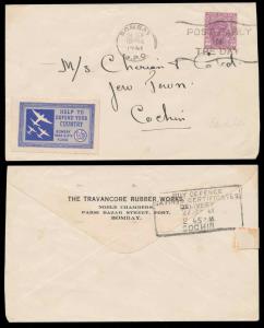 1941, Cover from Bombay to Cochin bearing King George V, 1.a3p tied by neat “Post Early/In