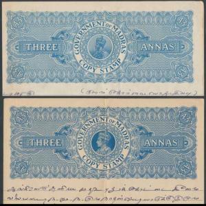 Copy of stamped papers, King George V, 3a. 1938, and King George VI, 3 a. 1940. Used in Ma