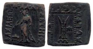 Indo-Greeks, Apollodotus I (c. 160-150 BC), Square Copper Obol, 9.67g, Apollo standing wit