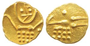 Marathas, Tanjavore, Venkoji, Gold Fanam, 0.38g, Ve on obv., degenerate crocodile on rev. 