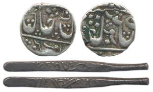 Iran, Tahamasp, Silver Larin; Gwalior, Ujjain Mint, retrograde legend, contemporary issue.
