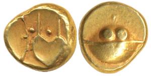 Anonymous, Hudki Gold Pagoda, 3.34g, obv. a boat like uncertain symbol; rev. possibly the 