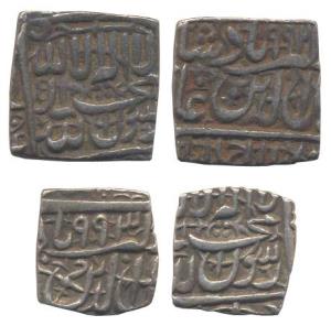 Akbar, Silver Square Rupee and 1/2, Ahmedabad Mint, Kalima type, AH 992 and 993. Very Fine