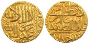 Akbar, Gold Mohur, Dar al Sultanate Ahmedabad Mint, AH 986 (KM 107.2). Extremely Fine, Ver