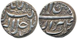 Akbar, Silver Rupee, 11.38g, Berar Mint, Ilahi type, Month Bahman, a bird to right below t
