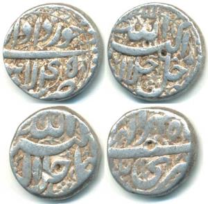 Akbar, Silver Rupee (2), Lahore Mint, Ilahi type, Month Khurdad, Year 45; Srinagar Mint, I