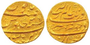 Aurangzeb, Gold Mohur, 11.01g, Burhanpur Mint, RY 39, complete mint name at bottom (KM.315
