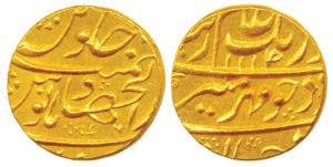 Aurangzeb, Gold Mohur, 10.94g, Haiderabad Dar-ul-Jihad Mint, mint name on the bottom line 