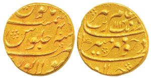 Aurangzeb, Gold Mohur, 10.68g, Solapur Mint, AH 1114/30, near complete mint name at bottom