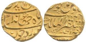 Jahandar Shah (AH 1124, 1712 AD), Gold Mohur, 10.89g, Akbarabad Mustaqir ul Mulk Mint, AH 