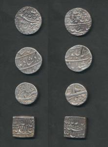 Silver Rupee (4), Akbar, Ahmedabad Mint, AH 996; Jahangir, Dehli Mint, AH 1025, Month Aban