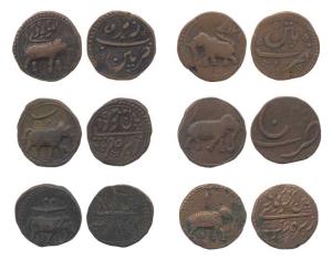 Tipu Sultan, Copper Paisa (6), Patan Mint, all different years and varieties. Fine+ to Ver