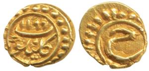 Tipu Sultan, Gold Fanam, Kalikut, AM 1199, with complete mint and date (KM 108). Extremely