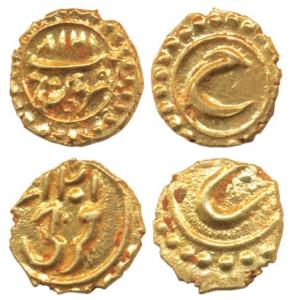 Tipu Sultan, Gold Fanam (2), Farrukhi and Patan Mints, both with complete mint and date (K
