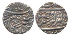 Amritsar Mint, Silver Rupee, VS 1862, Mora type, a fish to right on rev., in the name of G