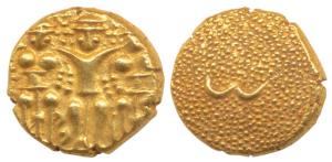 Gold 3 Swami Pagoda, 3.40g, Lord Balaji standing with his wives, Bhudevi and Shridevi on e