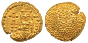 Negapatnam, Gold Pagoda, 3.37g, Lazy J with Lord Vishnu standing, facing front on obv., gr