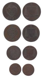 Set of 4, Copper 2, 1-1/2, 1 and ½ Pice, 1791, bale mark with date below on obv., Scales o