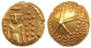 Star Gold Pagoda, 3.40g, single Swami (Balaji-Tirupati) standing facing front on obv.; sta