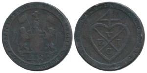 Copper Dub or 1/48 Rupee, 13.80g, 1794, coat of arms of the EIC on obv., bale mark on rev.