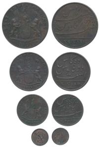 Copper 20, 10, 5 and 1 Cash, coat of arms of the EIC and date 1803 on obv., value in Engli