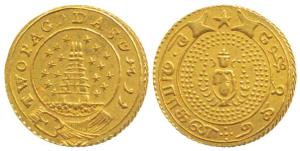 Gold Double or Two Pagoda, 5.92g, 9 stars on either side of Gopuram on obv., Vishnu standi