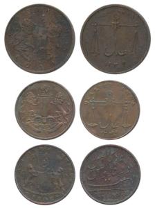Copper ½ Anna, 1834, coat of arms of the EIC on obv., Scales on rev.; Copper 10 Cash; Copp