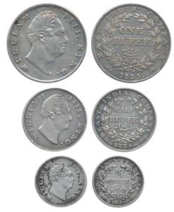 William IV, Set of 3, Silver Rupee, ½ and 1/4, 1835, the ½ Rupee slightly die rotated, pla