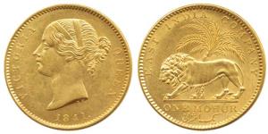 Victoria Queen, Gold Mohur, 11.60g, 1841, divided legend, WW incused on truncation (KM 462