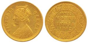Victoria Queen, Gold Mohur, 1862, V in Jabot (Prid 6). Extremely Fine, Rare.