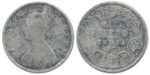 Victoria Queen, Silver ½ Rupee, 1875, Calcutta Mint, A / I, No mint mark. Fine, Scarce.